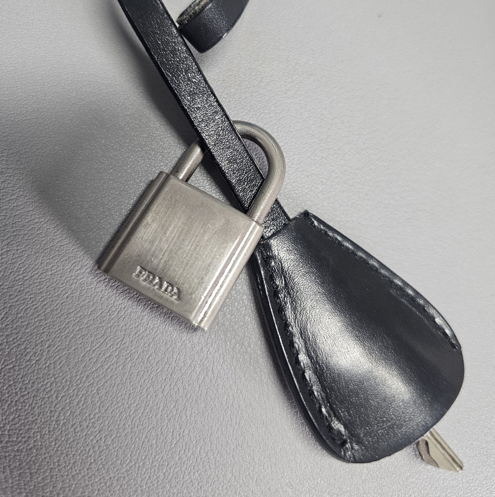 Prada Black Leather Key Fob with Silver Padlock and Keys